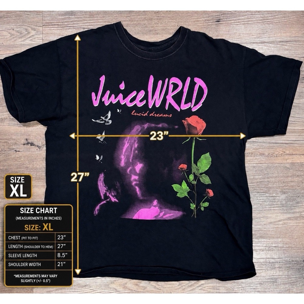 Juice Wrld 999 Lucid Dreams Size XL Graphic T-Shirt Merch Black 2018 Roses Rap - Picture 5 of 10